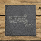 Massachusetts square slate coaster engraved with a word cloud of repeating Massachusetts text