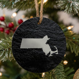 Massachusetts round slate Christmas ornament with the full state shape engraved