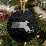 Massachusetts round slate Christmas ornament engraved with the state shape in ornate floral scrollwork