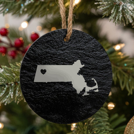 Massachusetts round slate Christmas ornament engraved with the state shape and a heart