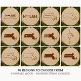 Massachusetts wood Christmas ornament, laser engraved natural wood