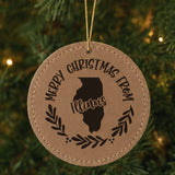 Brown leatherette round Christmas ornament engraved Merry Christmas From Illinois, with the state shape in a laurel wreath, hanging on a tree