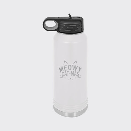 White 32 oz insulated water bottle laser engraved with "Meowy Cat-Mas"