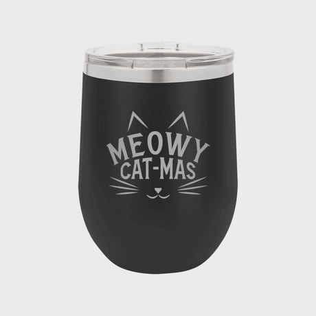 Black 12 oz stemless wine tumbler laser engraved with "Meowy Cat-Mas"