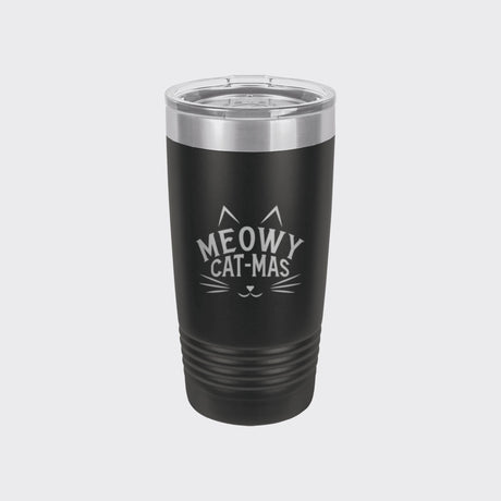 Black 20 oz tumbler laser engraved with "Meowy Cat-Mas"
