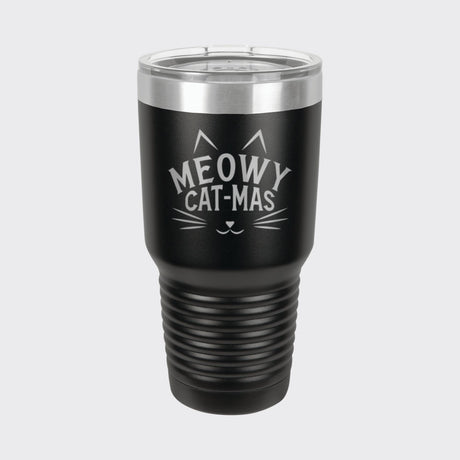Black 30 oz tumbler laser engraved with "Meowy Cat-Mas"