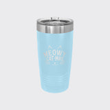 Light Blue 20 oz tumbler laser engraved with "Meowy Cat-Mas"