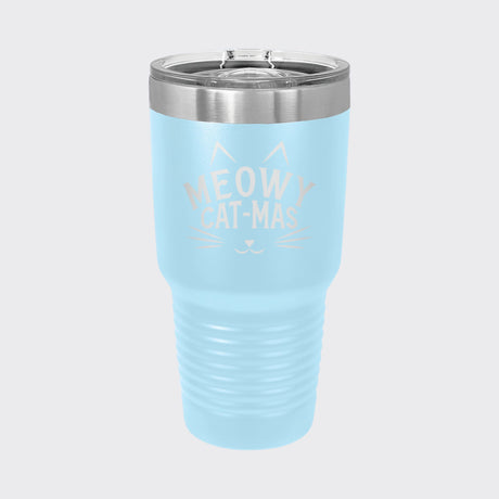 Light Blue 30 oz tumbler laser engraved with "Meowy Cat-Mas"