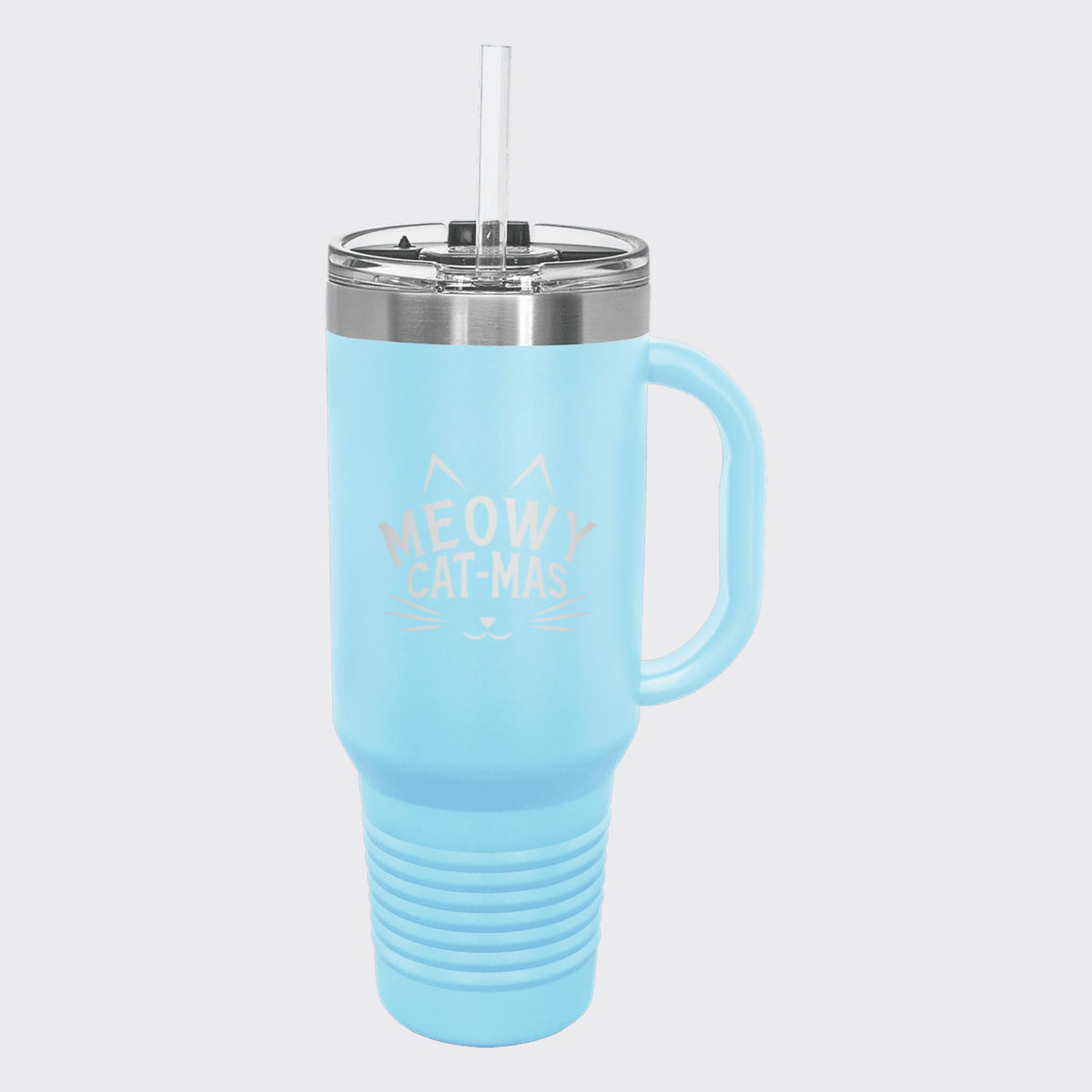 Light Blue 40 oz tumbler with handle and straw laser engraved with "Meowy Cat-Mas"