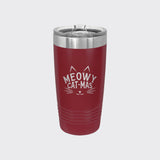 Maroon 20 oz tumbler laser engraved with "Meowy Cat-Mas"