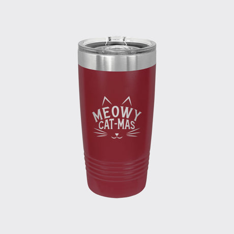 Maroon 20 oz tumbler laser engraved with "Meowy Cat-Mas"