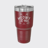 Maroon 30 oz tumbler laser engraved with "Meowy Cat-Mas"