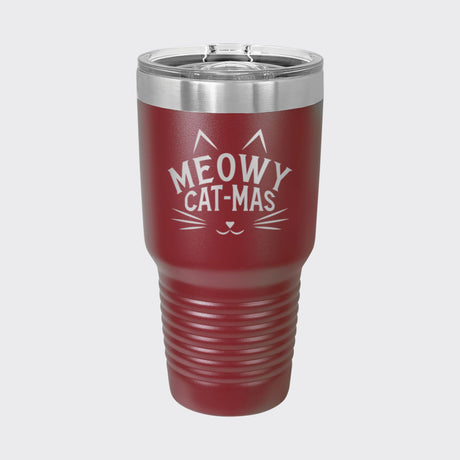 Maroon 30 oz tumbler laser engraved with "Meowy Cat-Mas"