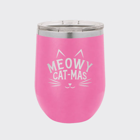 Pink 12 oz stemless wine tumbler laser engraved with "Meowy Cat-Mas"