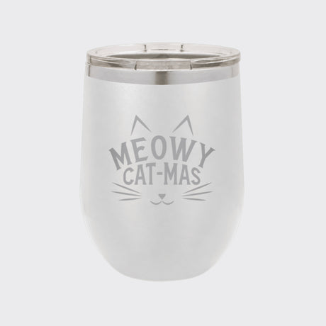 White 12 oz stemless wine tumbler laser engraved with "Meowy Cat-Mas"
