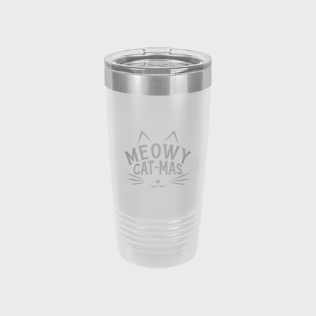 White 20 oz tumbler laser engraved with "Meowy Cat-Mas"