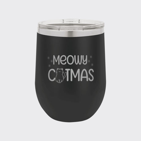 Black 12 oz stemless wine tumbler laser engraved with "Meowy Catmas"