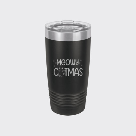 Black 20 oz tumbler laser engraved with "Meowy Catmas"