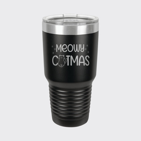 Black 30 oz tumbler laser engraved with "Meowy Catmas"