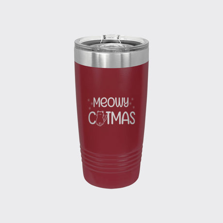 Maroon 20 oz tumbler laser engraved with "Meowy Catmas"