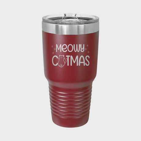 Maroon 30 oz tumbler laser engraved with "Meowy Catmas"