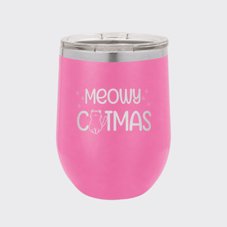 Pink 12 oz stemless wine tumbler laser engraved with "Meowy Catmas"