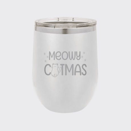White 12 oz stemless wine tumbler laser engraved with "Meowy Catmas"