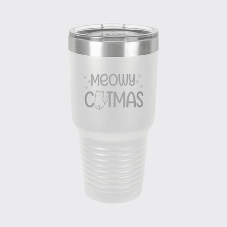 White 30 oz tumbler laser engraved with "Meowy Catmas"