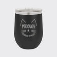 Black 12 oz stemless wine tumbler laser engraved with "Meowy Christmas"
