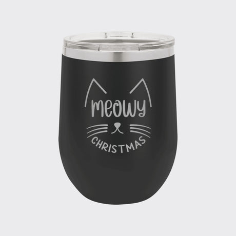 Black 12 oz stemless wine tumbler laser engraved with "Meowy Christmas"