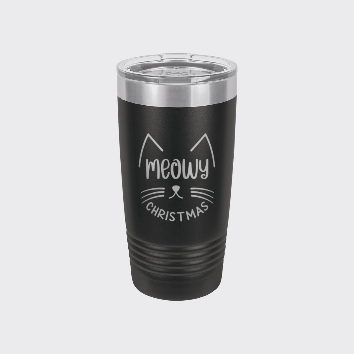 Black 20 oz tumbler laser engraved with "Meowy Christmas"