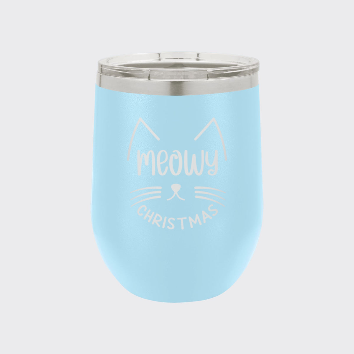 Light Blue 12 oz stemless wine tumbler laser engraved with "Meowy Christmas"