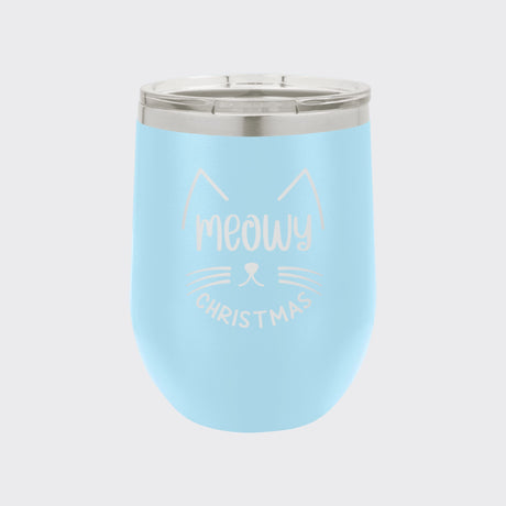 Light Blue 12 oz stemless wine tumbler laser engraved with "Meowy Christmas"