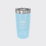 Light Blue 20 oz tumbler laser engraved with "Meowy Christmas"