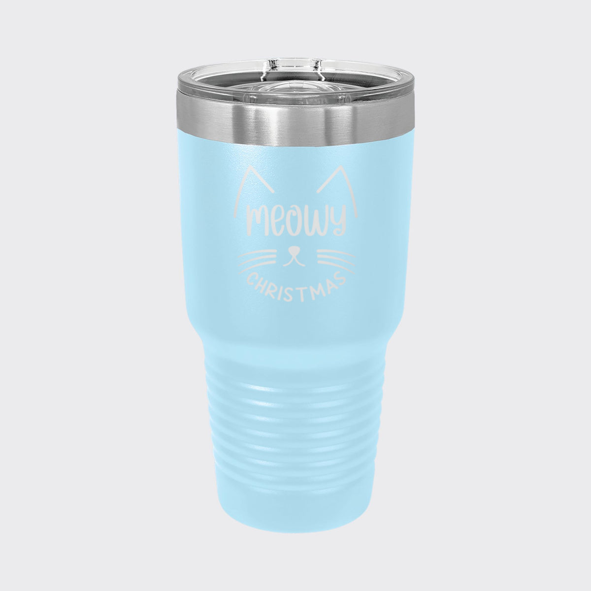 Light Blue 30 oz tumbler laser engraved with "Meowy Christmas"