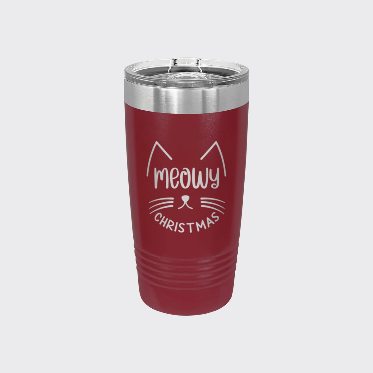 Maroon 20 oz tumbler laser engraved with "Meowy Christmas"