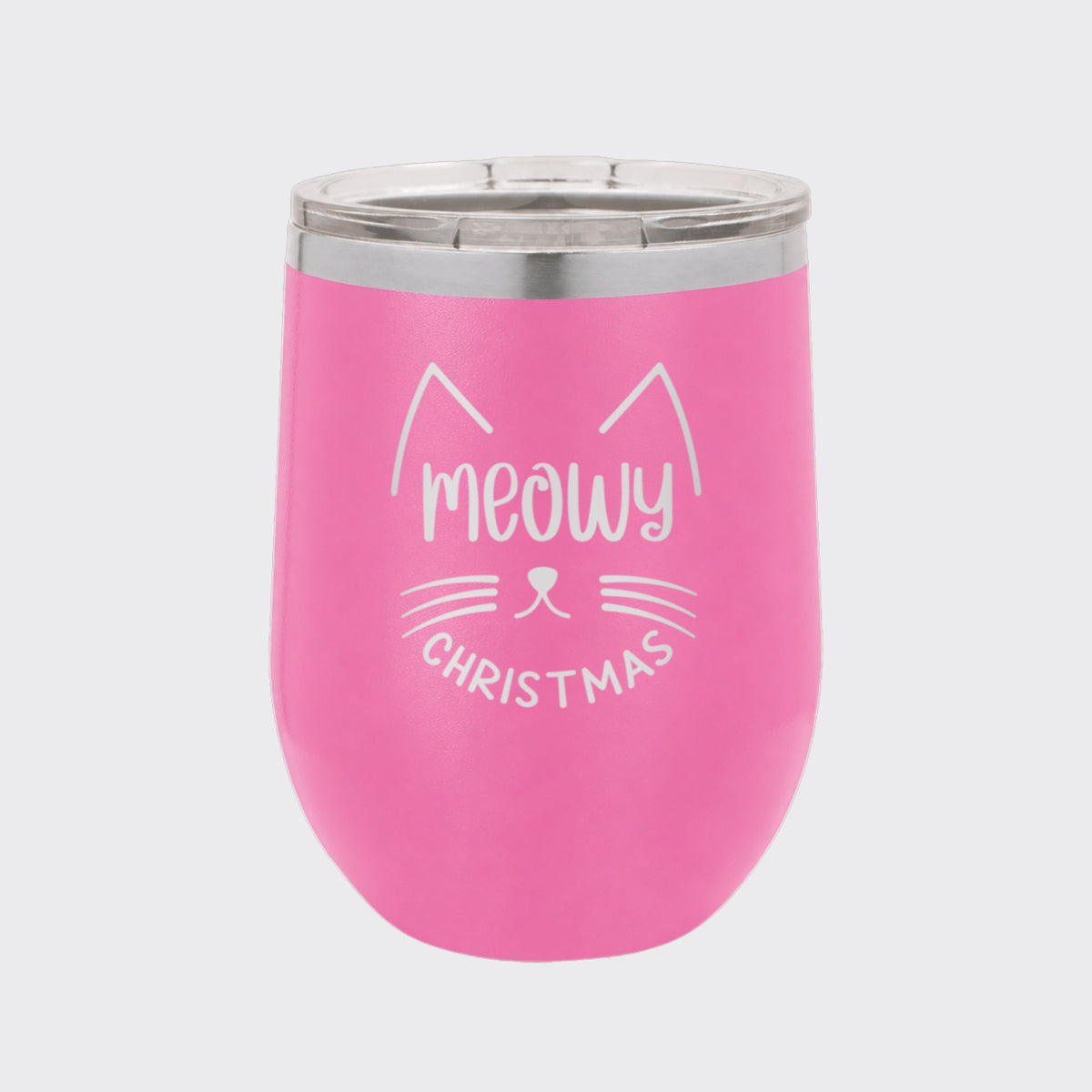 Pink 12 oz stemless wine tumbler laser engraved with "Meowy Christmas"