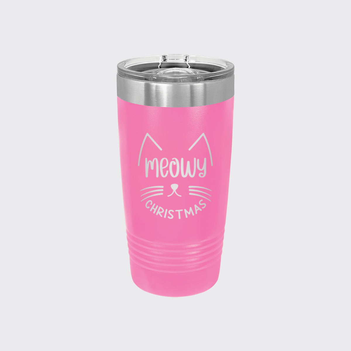 Pink 20 oz tumbler laser engraved with "Meowy Christmas"