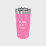 Pink 20 oz tumbler laser engraved with "Meowy Christmas"