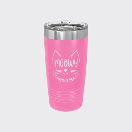 Pink 20 oz tumbler laser engraved with "Meowy Christmas"