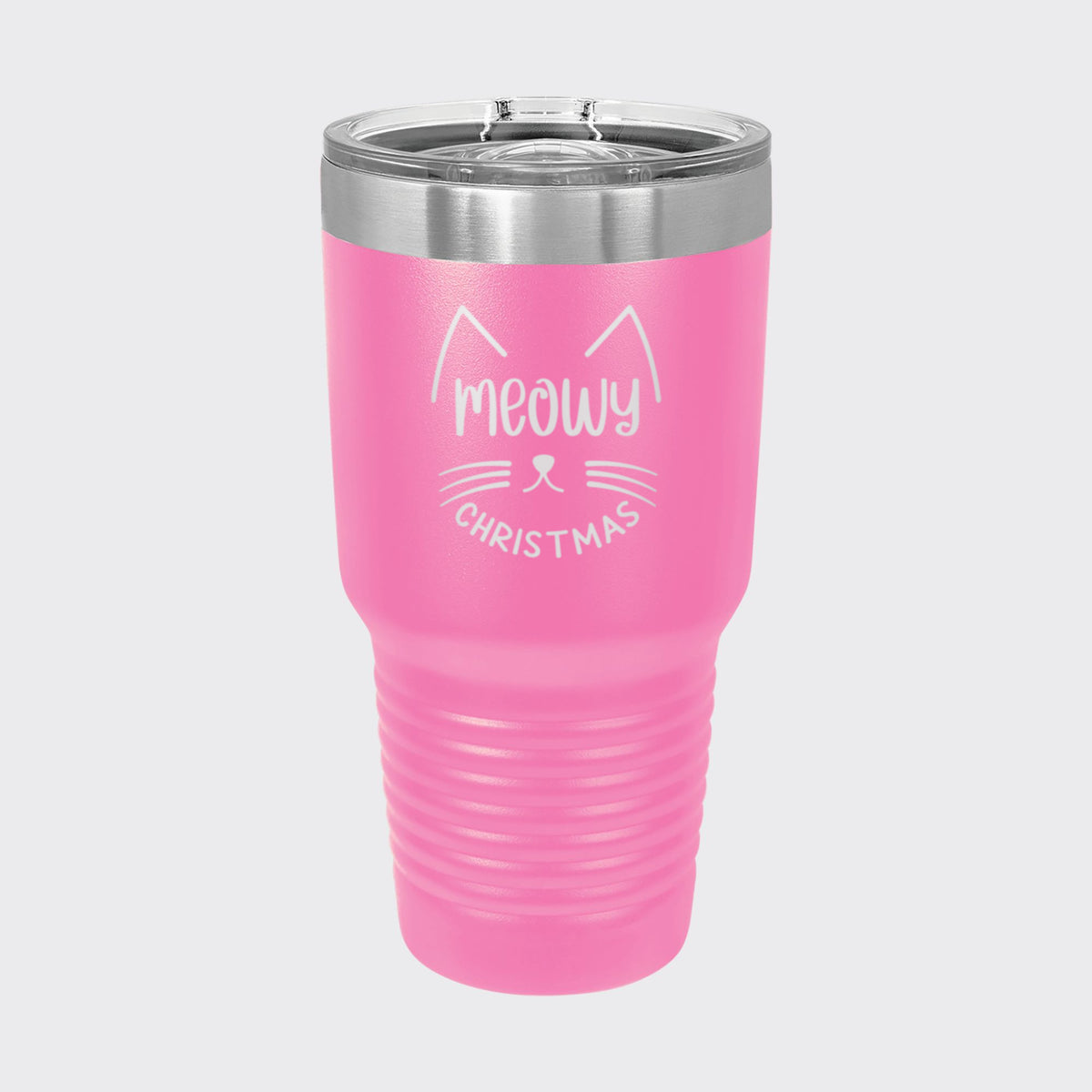 Pink 30 oz tumbler laser engraved with "Meowy Christmas"