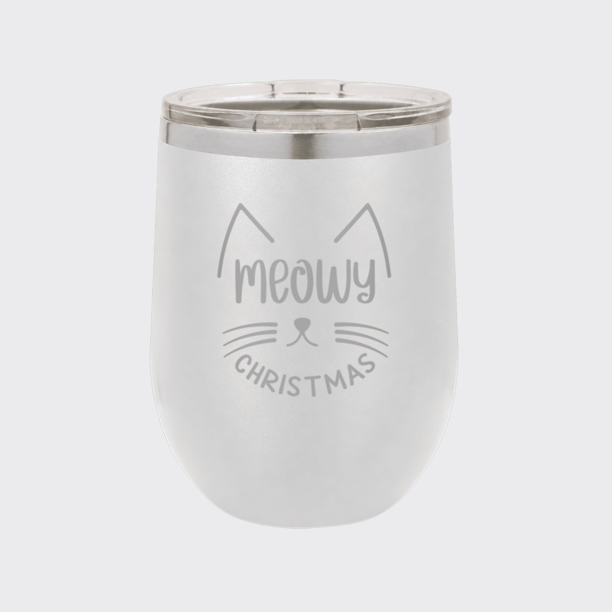 White 12 oz stemless wine tumbler laser engraved with "Meowy Christmas"