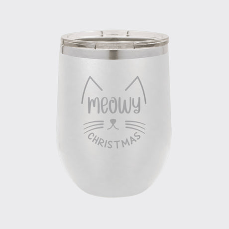 White 12 oz stemless wine tumbler laser engraved with "Meowy Christmas"