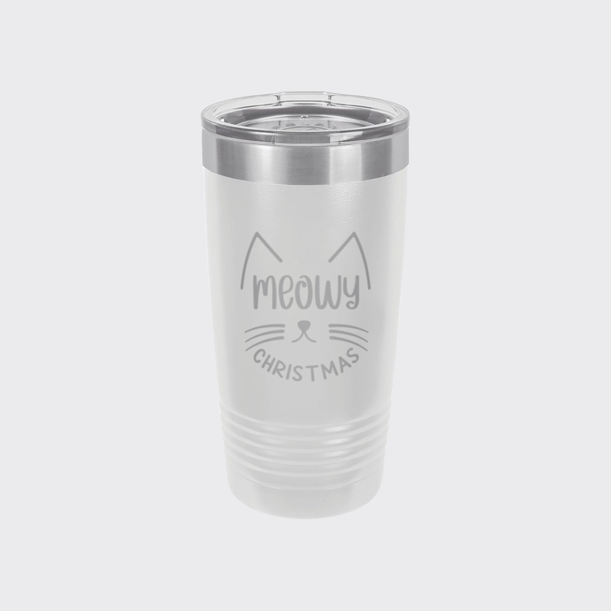 White 20 oz tumbler laser engraved with "Meowy Christmas"
