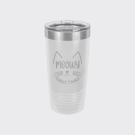White 20 oz tumbler laser engraved with "Meowy Christmas"