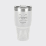 White 30 oz tumbler laser engraved with "Meowy Christmas"