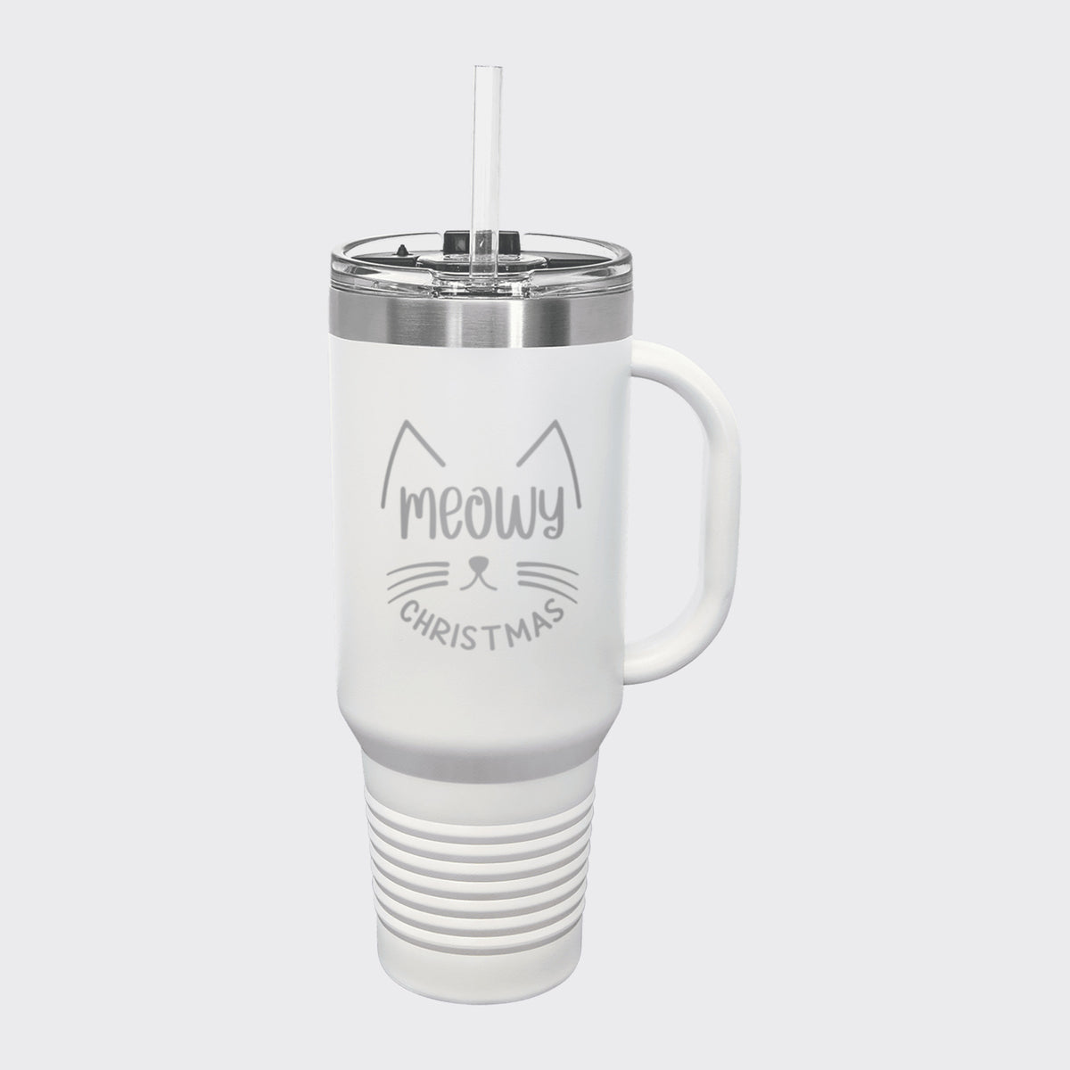 White 40 oz tumbler with handle and straw laser engraved with "Meowy Christmas"