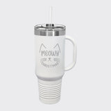 White 40 oz tumbler with handle and straw laser engraved with "Meowy Christmas"