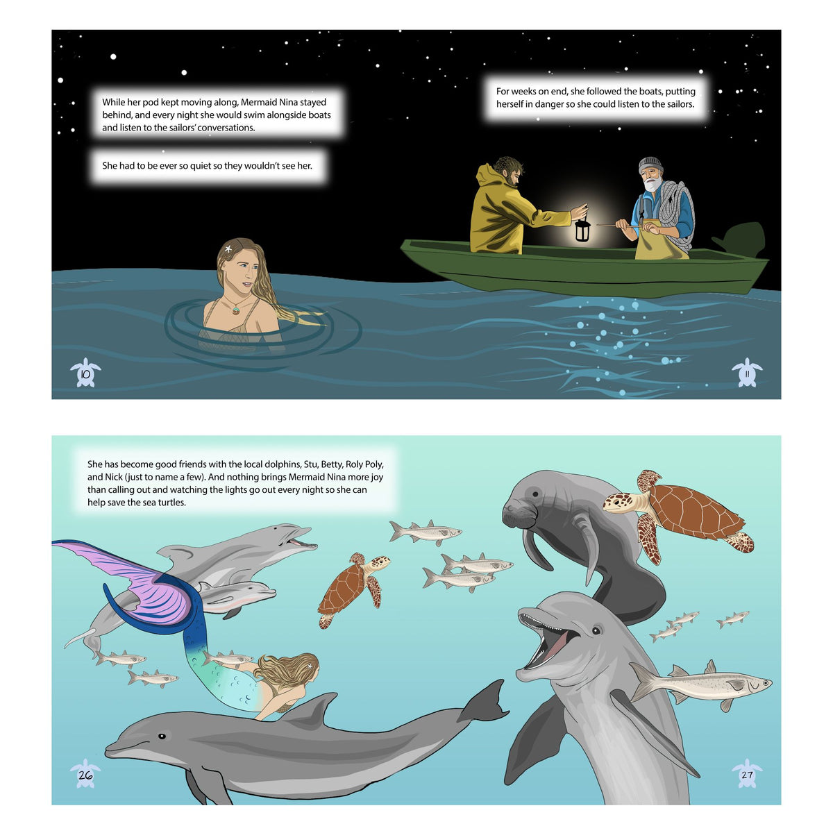 Inside pages of The Mermaid of Hilton Head with a mermaid, dolphins and sea turtles