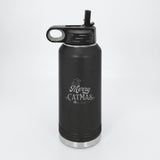 Black 32 oz insulated water bottle laser engraved with "Merry Catmas"
